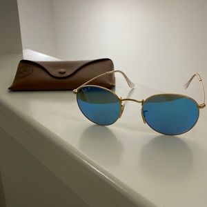 Ray-Ban P | Round/Oval Sunglasses | Polarized Blue Flash Lenses | Gold Frame